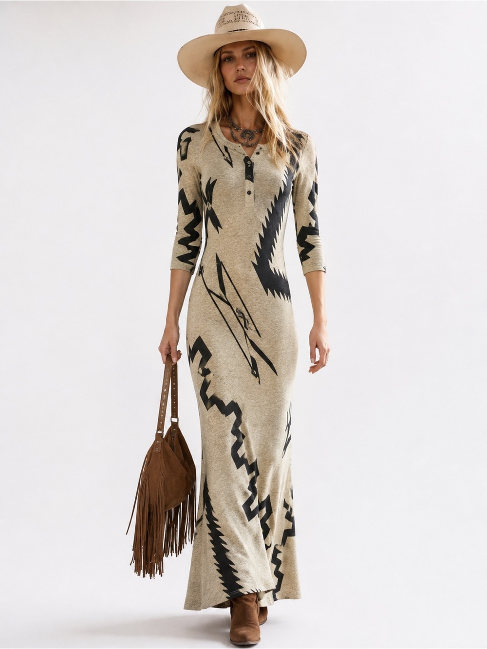 Polo Ralph Lauren Southwestern Print Maxi Dress XS Henley Waffle Maxi Dress